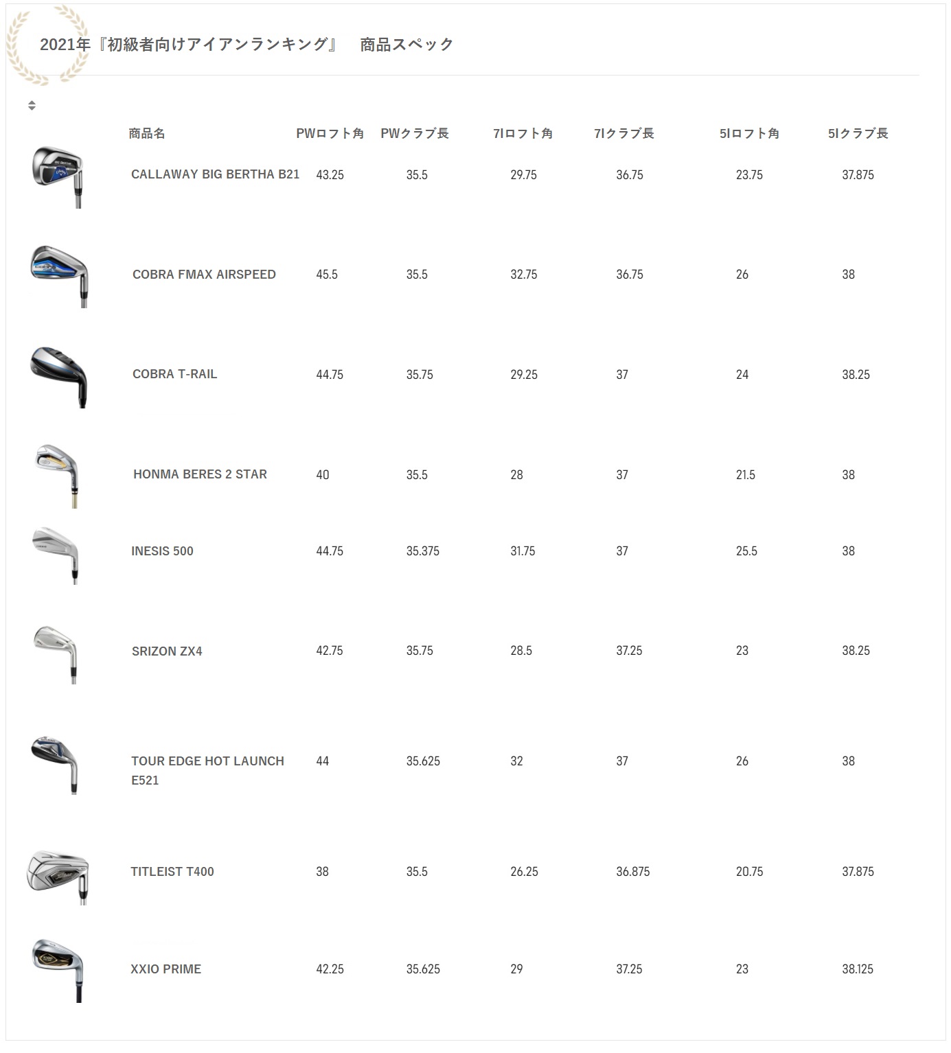 2021年,初級者向け,アイアン,ランキング,Titleist,タイトリスト,ゴルフ,ゴルフクラブ,コブラ,COBRA,本間ゴルフ,キャロウェイ,CALLAWAY,商品スペック