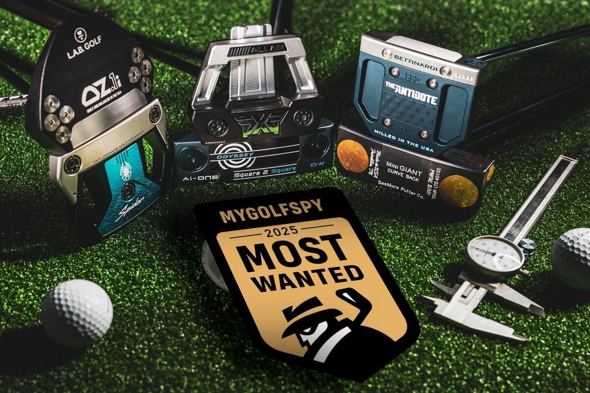 2025年「Most Wanted」ゼロトルクパター集合写真。L.A.B. GOLF「OZ.1i」、テーラーメイド「Spider 5k ZT」、PXG「Allan」、オデッセイ「Ai-ONE Square 2 Square」、ベティナルディ「Antidote SB2」、シーモア「Mini Giant Curve Back」が並ぶ。