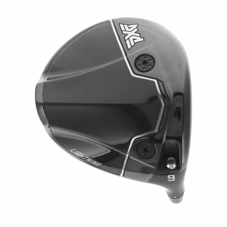 PXG「Lightning MAX 10K」ドライバーのクラウン部分。黒を基調としたヘッドに調整可能なウエイトを搭載し、高慣性モーメントによる安定性を追求した最新モデル。