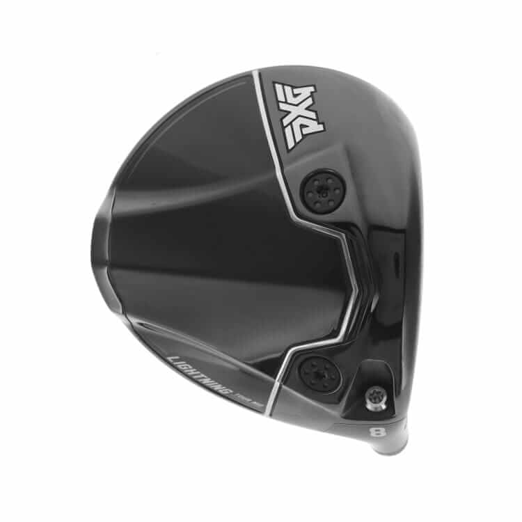 PXG「Lightning Tour-2」ドライバーのクラウン部分。黒を基調に2つの調整ウエイトを搭載し、中弾道で低スピンの弾道を生み出す競技志向ゴルファー向けのモデル。