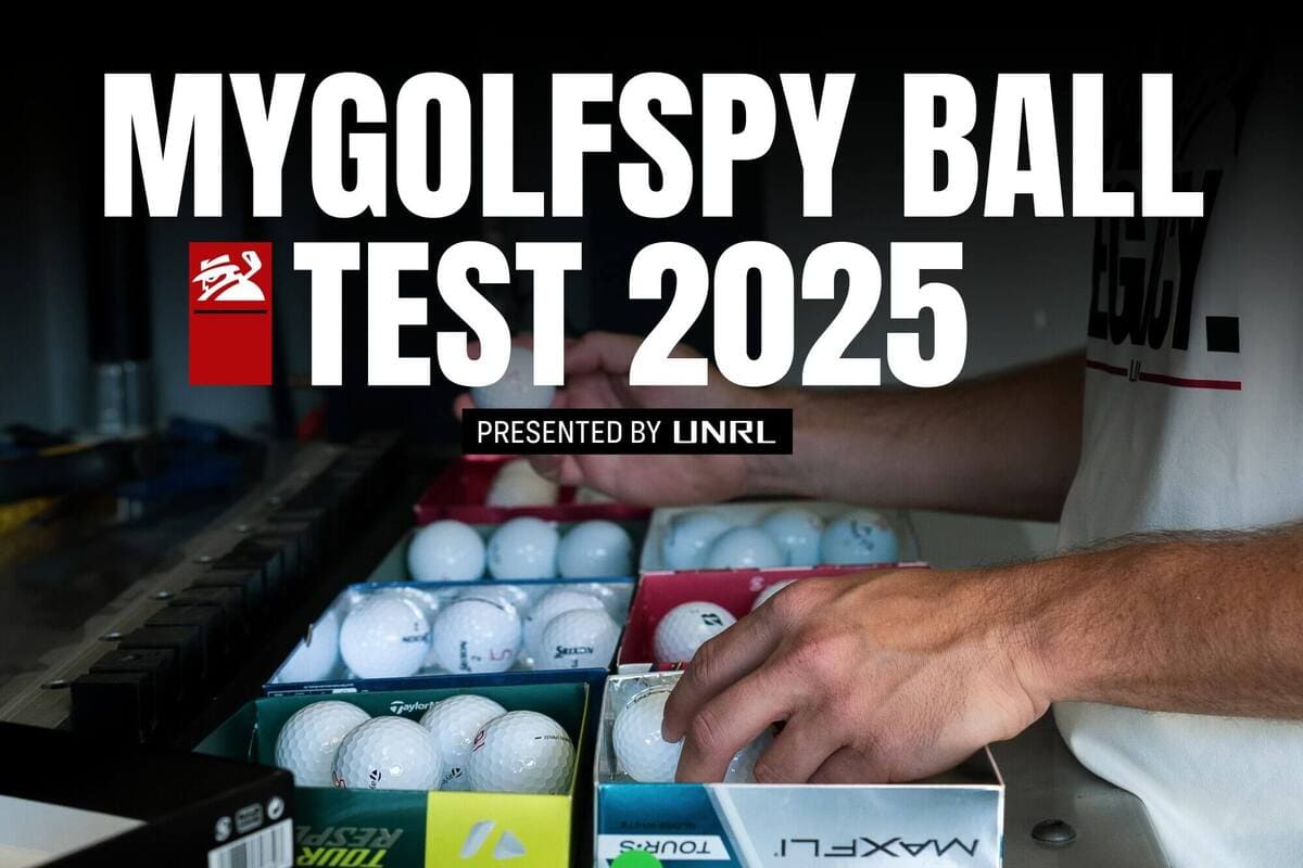 2025年版「MYGOLFSPY BALL TEST」公式メインビジュアル。複数ブランドのボールを検証前に仕分けするシーン