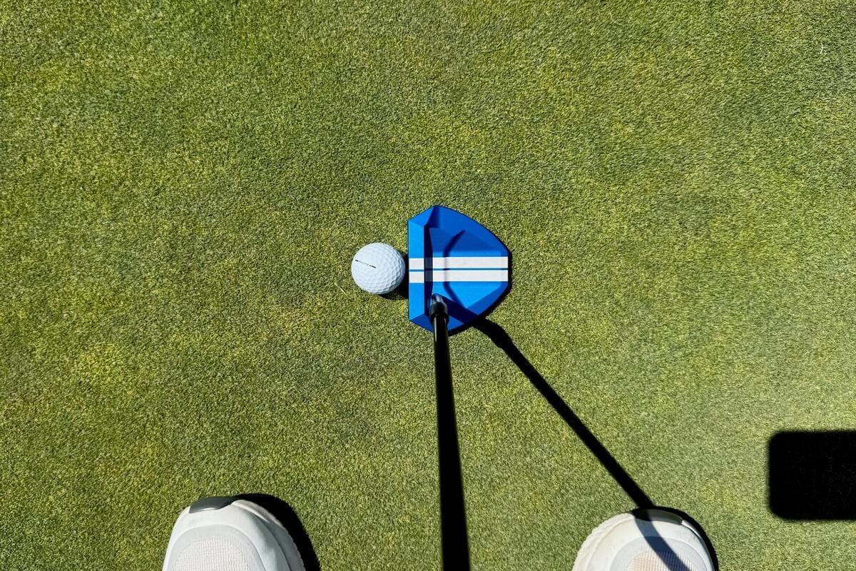 L.A.B. Golf「OZ.1i HS」パターでボールに構えたシーン。太めのツインアライメントラインがターゲット方向を明確に示す。