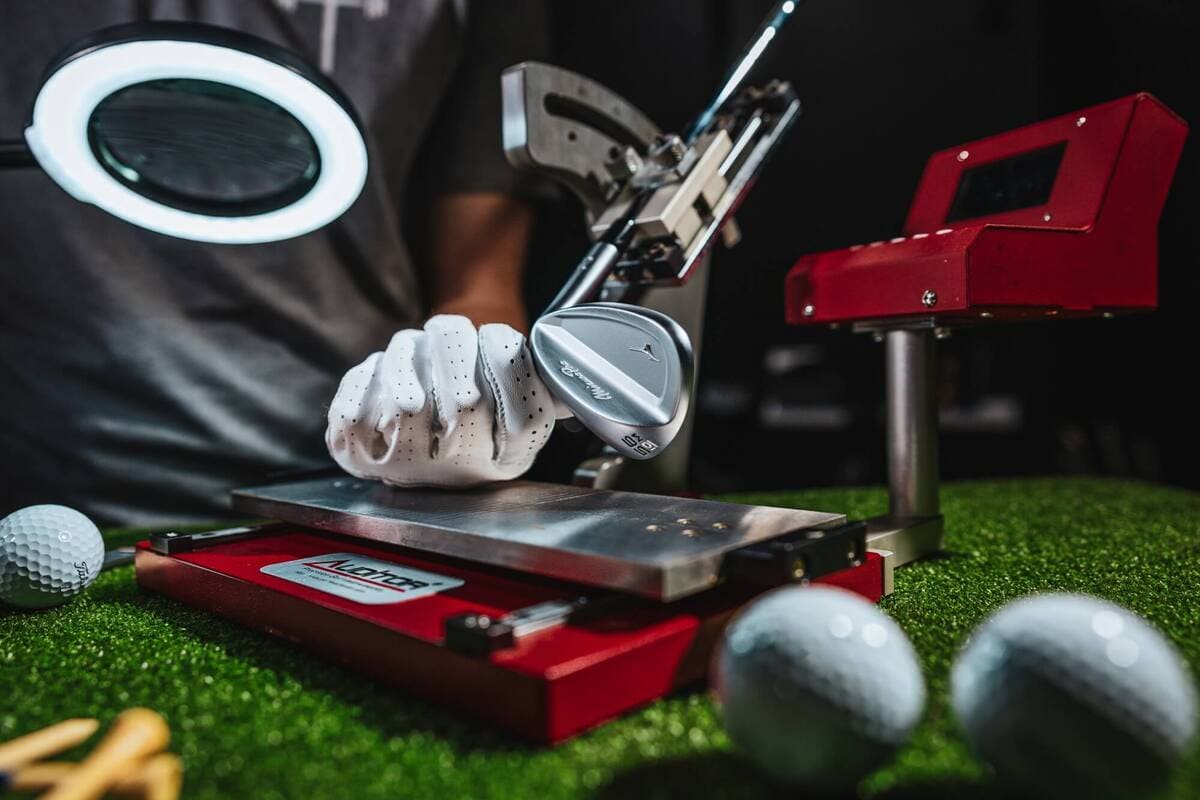 Mizuno「Pro T-3」ウェッジを測定機でテストする様子。精密な調整とスピン性能を検証中。