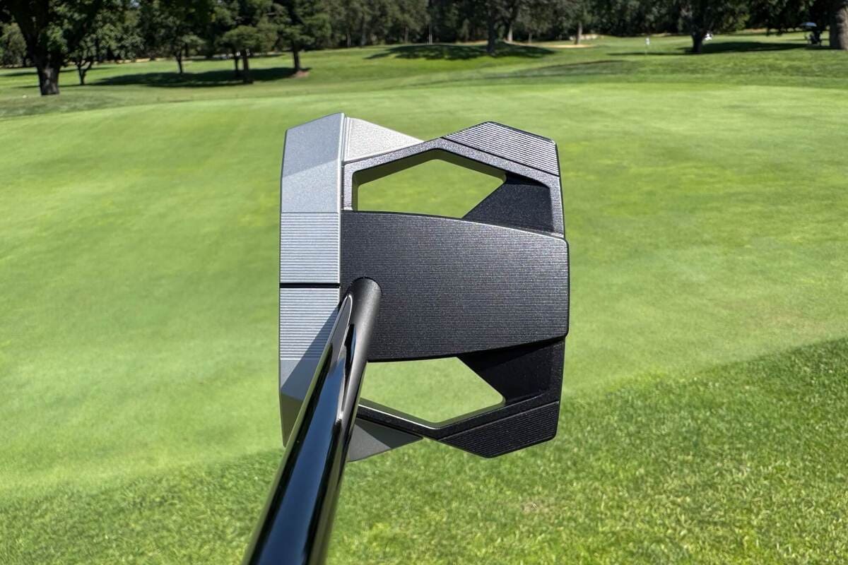 テーラーメイド「Spider ZT」パターをゴルフコース背景で後方から撮影した写真。ヘッド形状とカットアウトデザインが強調されている。