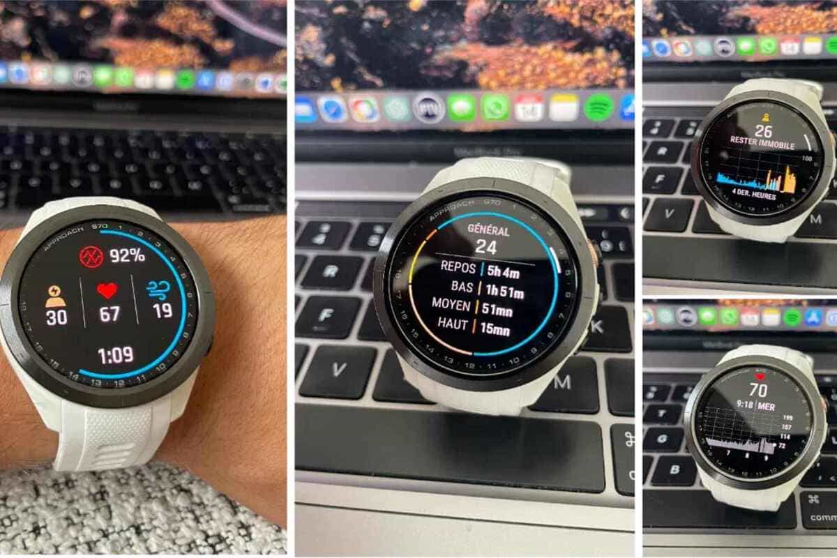 ガーミン「Approach S70」とクラブトラッキング用「Approach CT10」、充電ケーブル、説明書などの付属品。