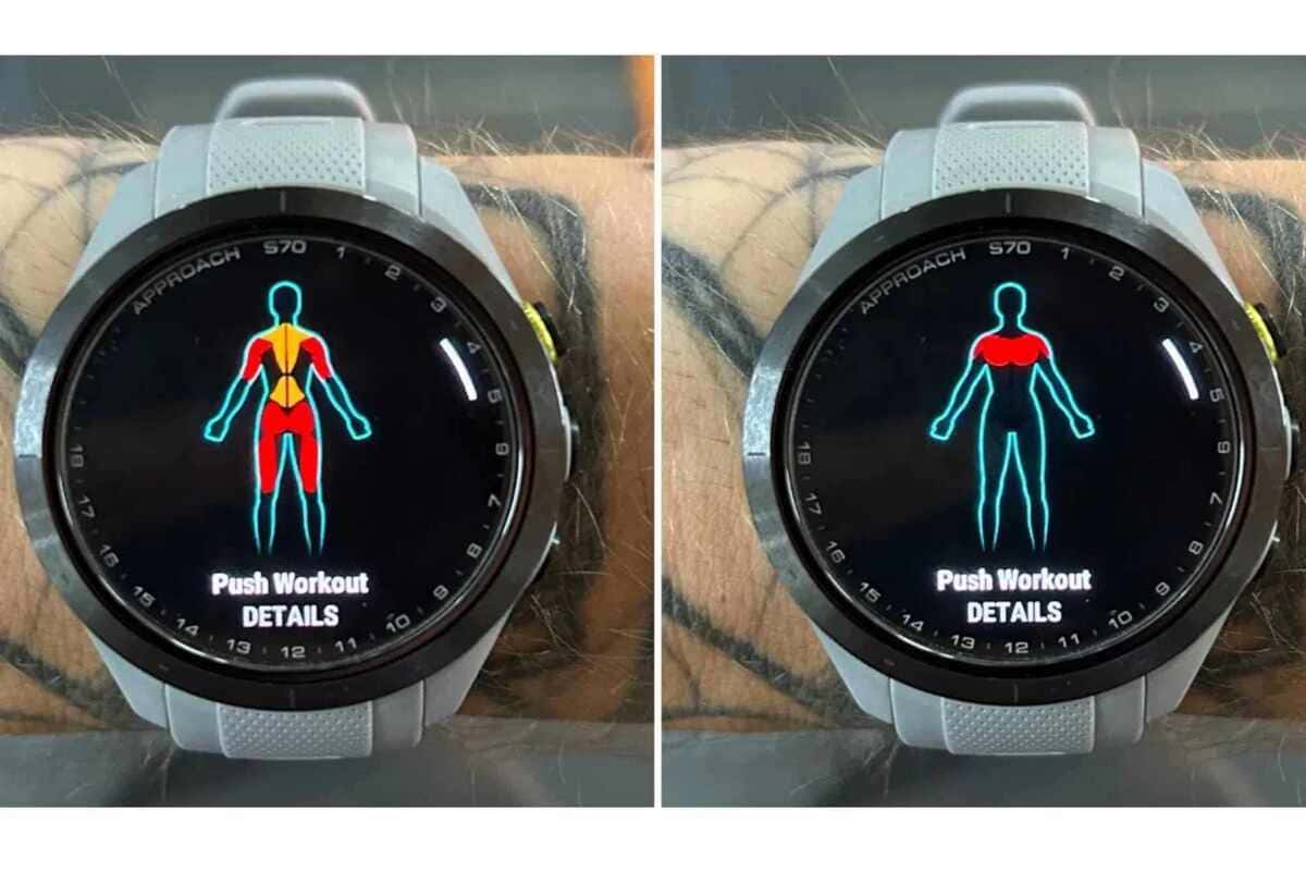 ガーミン「Approach S70」に表示される心拍数、歩数、バッテリー残量などのスマートウォッチ機能画面。