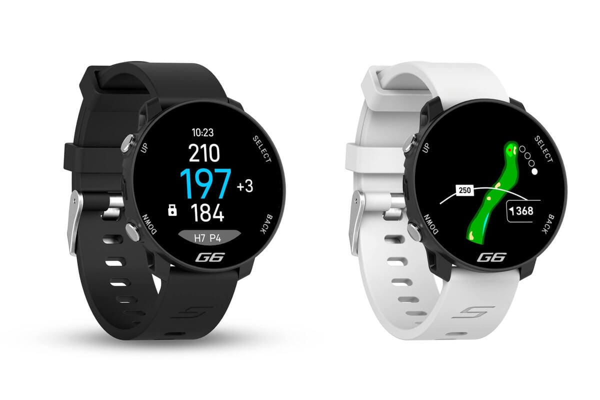 Shot Scope「G6」のブラックモデルとホワイトモデルを並べた比較画像。距離表示モードとホールマップ表示を紹介。