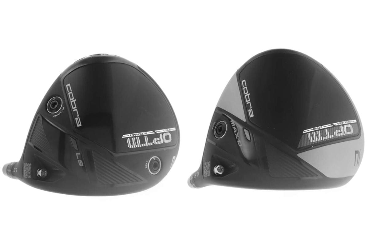 コブラゴルフ「DARKSPEED LS」と「DARKSPEED MAX」ドライバーを並べた画像。ヘッド後方形状やウエイトポートの違いが分かる比較ショット。