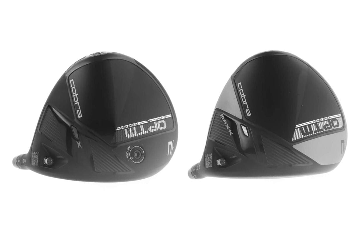 コブラゴルフ「DARKSPEED X」と「DARKSPEED MAX」ドライバーのソール部分を横並びで比較した画像。クラウン形状とウエイト配置の差異が見える。