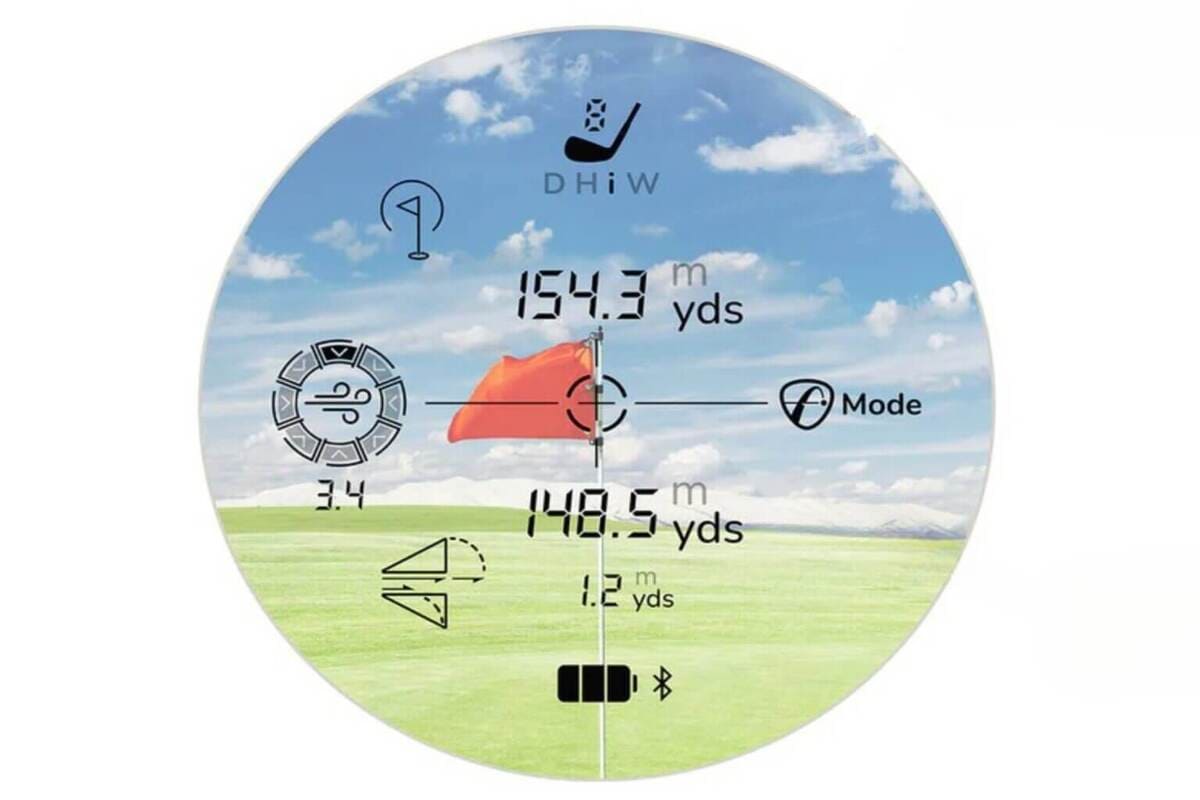 旗を中心に154.3と148.5の距離数値、風のマーク、高低差の図形、Bluetoothアイコンを表示した円形の画面